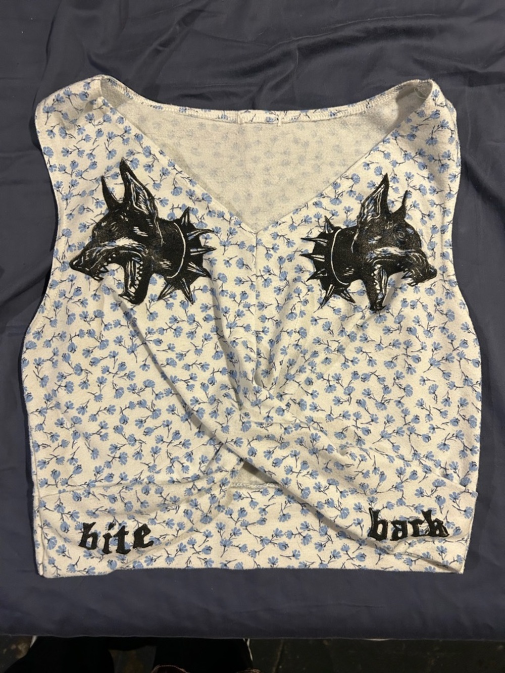 Linocut floral V-Neck Tank Top hand made - White/Blue